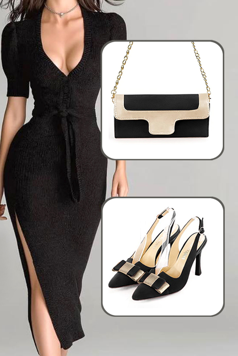 Women's matt black and gold slingback dress shoes, with a knot on the front. Tapered toe. High spool heels - Top view